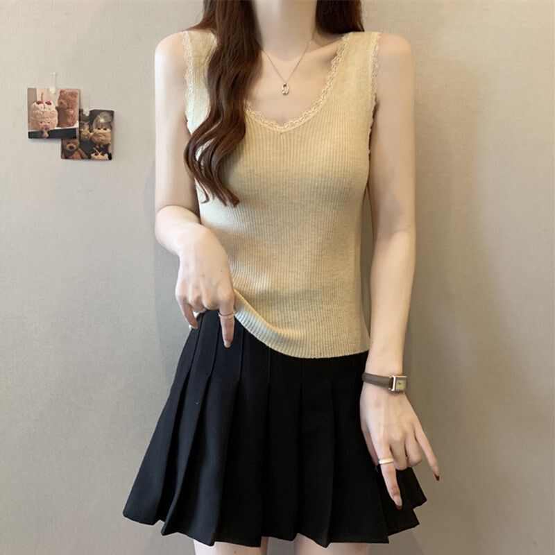 新品胖mm遮肚子显瘦蕾丝花边v领内搭针J织背心女夏季洋气减龄百搭