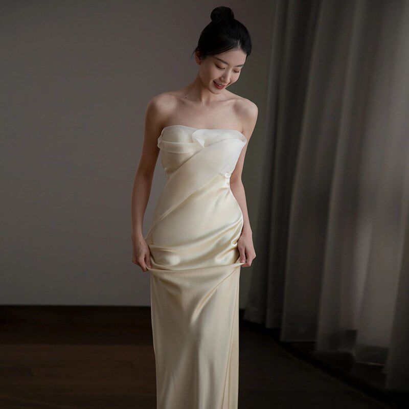 极速鱼尾订婚晚礼服高端轻奢小众抹胸H法式绝美轻婚纱气质缎面结