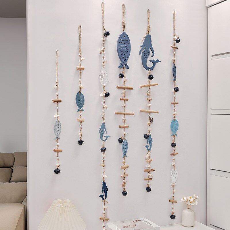 极速地中海风格墙面装p饰品鱼串铃铛挂件实木麻绳风铃创意北欧墙