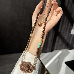 沉香牡丹花毛衣链 和田玉菱镁矿 锁骨链 搭E配白水晶 项链 新品