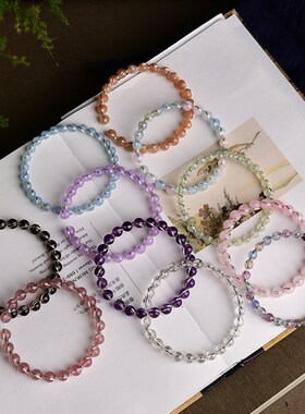 新品水晶手工编织手链开口 海蓝宝A葡萄石白紫粉茶草莓晶萤石 K33