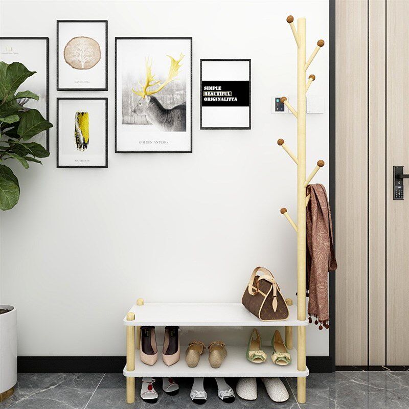 极速北欧多功能实木换鞋凳挂衣架一体家用进门口衣U帽架玄关柜长