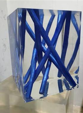 现代简约创意实木方形透明树脂别墅酒店样板房坐凳墩子摆件