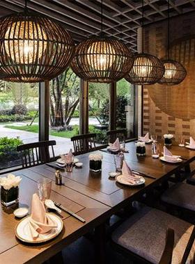 中式仿古吊灯创意餐吊灯圆形餐厅农家乐客栈庭院田园藤艺麻球吊灯