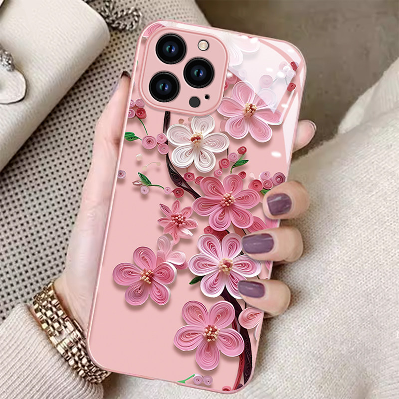 适用苹果15Pro手机壳14新款iPhone13小清新12mini玻璃11立体桃花xsmax个性女8全包6s保护套7plus奢华SE23高级