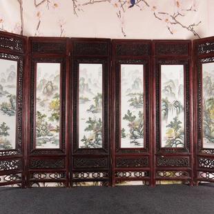古玩杂项旧藏制作瓷板画落地六折屏风挂画客厅装 挂屏 饰怀旧新中式
