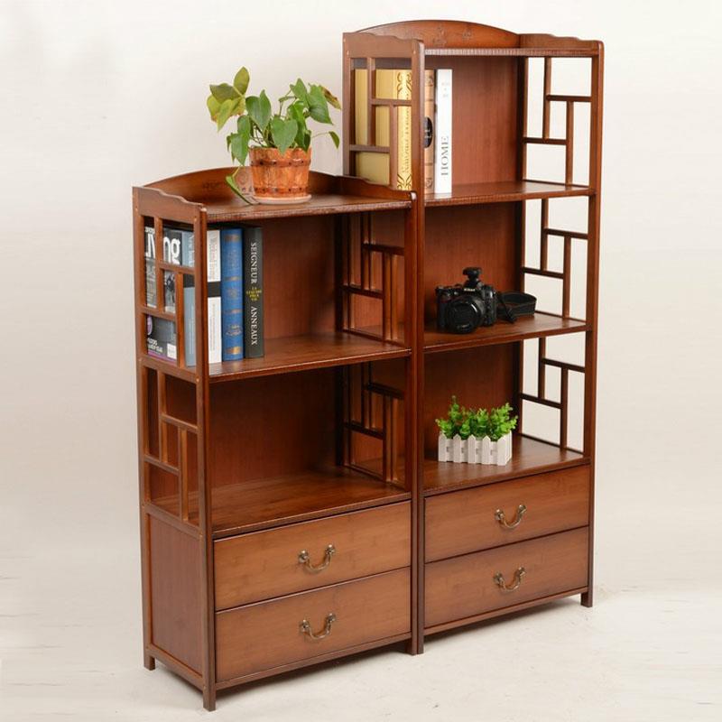 彷古楠竹置物架书架书柜多功能收纳层架书房客厅带抽屉整理层柜架