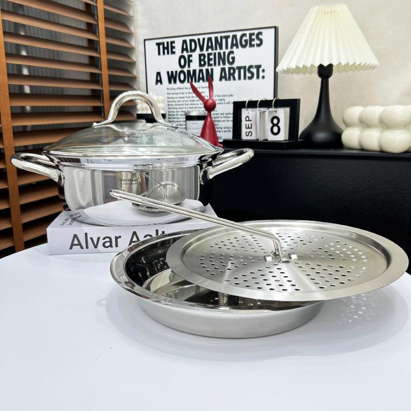 18/10不锈钢海鲜蒸汽锅蒸锅汤锅家用多功能火锅26cm/30cm