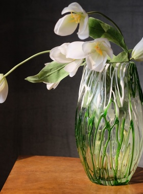手工玻璃大花瓶人工吹制绿白拉丝厚重水培富贵竹百合水养家用花器