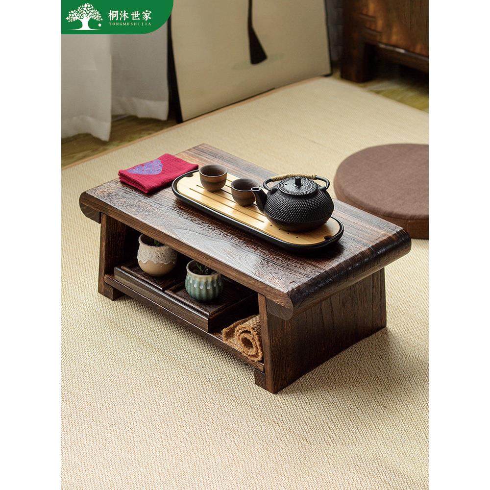 实木中式茶桌飘窗小茶台家用榻榻米茶几可折叠插板桌阳台移动矮桌