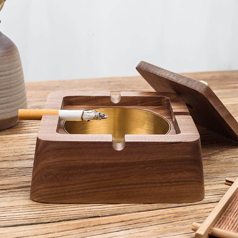 黑胡桃实木烟灰缸家用客厅带盖子防飞灰创意办公室木质高端灰缸轻