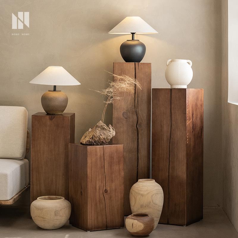 弄居 侘寂风根雕花架实木墩子落地玄关摆件装饰原木树桩沙发边几