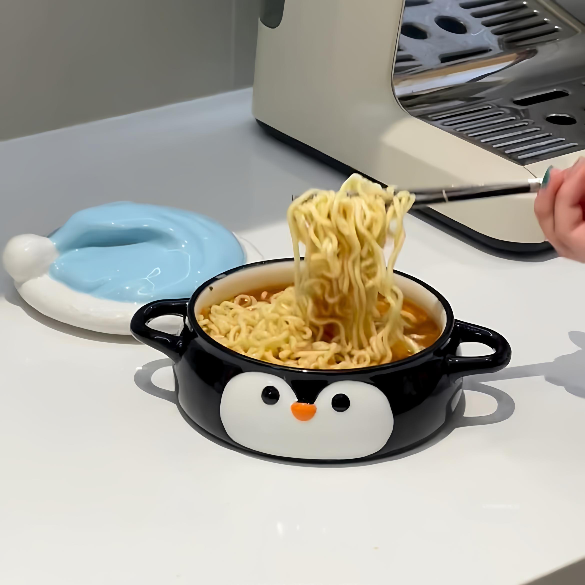 企鹅泡面碗可爱陶瓷碗宿舍带盖学生大容量个人专用汤碗卡通双耳碗