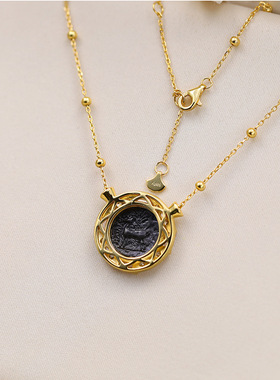 s925银蜜蜂古币项链浮雕圆牌吊坠