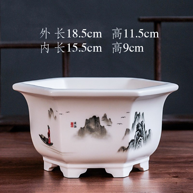 高级紫砂花盆陶h瓷大六方手绘贴画山水盆景盆多肉兰花绿植中式花