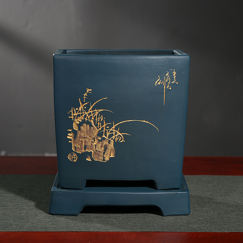 紫砂花盆透气四方兰花绿植盆室内带托盘君子兰陶瓷大号方口老桩盆