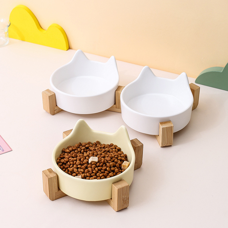 创意奶油风猫耳宠物碗带碗架纯色猫碗狗碗猫咪喝水碗防打翻陶瓷碗