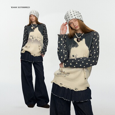 10AM*破洞圆领猫咪印花慵懒毛衣