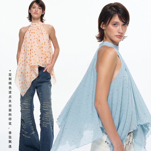 橘色波点天丝印花背心微透上衣