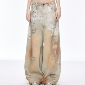 重工蕾丝链条牛仔裤 10AMsotiiiiired明星同款 原创手绘印花牛仔裤