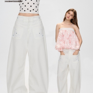 阔腿牛仔裤 10AMsotiiiiired 白色重工海浪烫钻弯刀牛仔裤