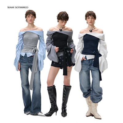 10AMsotiiiiired泡泡袖针织拼接系绳一字肩上衣