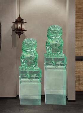 酒店大厅招财透明金箔狮子落地摆件树脂拴马桩售楼部玄关貔貅雕塑