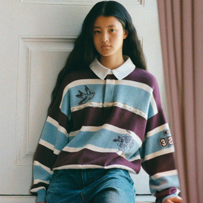Sea Ny 美式复古条纹长袖polo衫女撞色刺绣宽松T恤