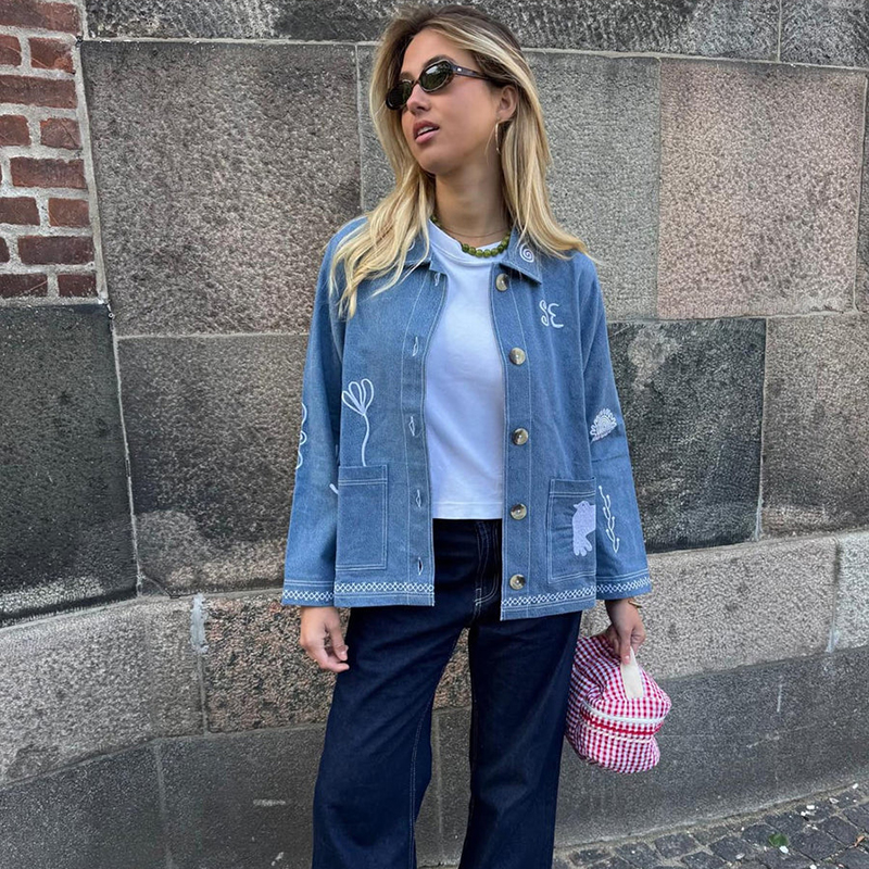 Sissel Edelbo 休闲式衬衫夹克饰有精美撞色刺绣文艺范范随性简约