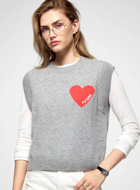 From Future 马甲短外套长袖灰色百搭红色爱心宽松针织背心复古