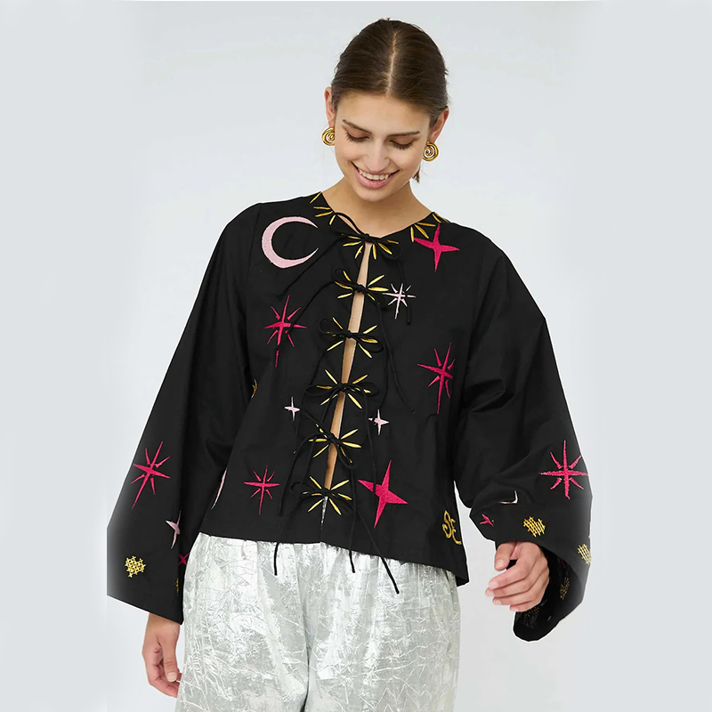 SISSEL EDELBO 简约复古刺绣贴布印花圆领宽松刺绣棉质通勤衬衫女