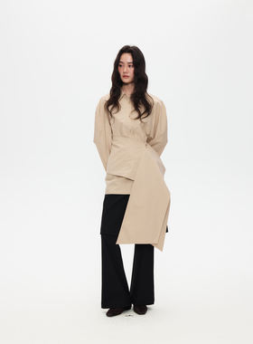 轻奢极简风系带收腰叠层工艺长款衬衣衬衫/配挂脖屁帘