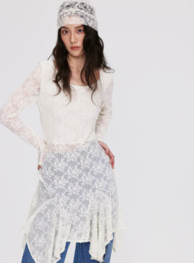 Raye 2026春季新款法式设计感不规则下摆蕾丝花边长袖连衣裙女