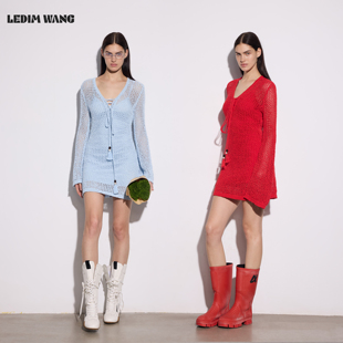 休闲短裙 V领红色长袖 LEDIM WANG镂空收腰流苏连衣裙女26早春新款