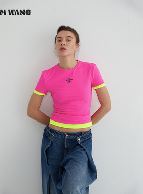 LEDIM WANG荧光色系修身短袖T恤女夏2025新款圆领上衣休闲百搭