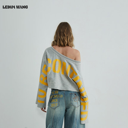 【明星同款】LEDIM WANG斜肩印花T恤女25秋冬新款宽松长袖上衣