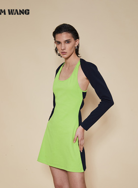 LEDIM WANG两件套黑绿撞色连衣裙女拼接显瘦针织裙小众设计高级感