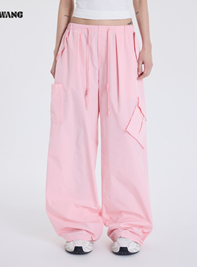 LEDIM WANG拼袋抽绳工装休闲裤女2026春夏新款粉色休闲百搭阔腿裤