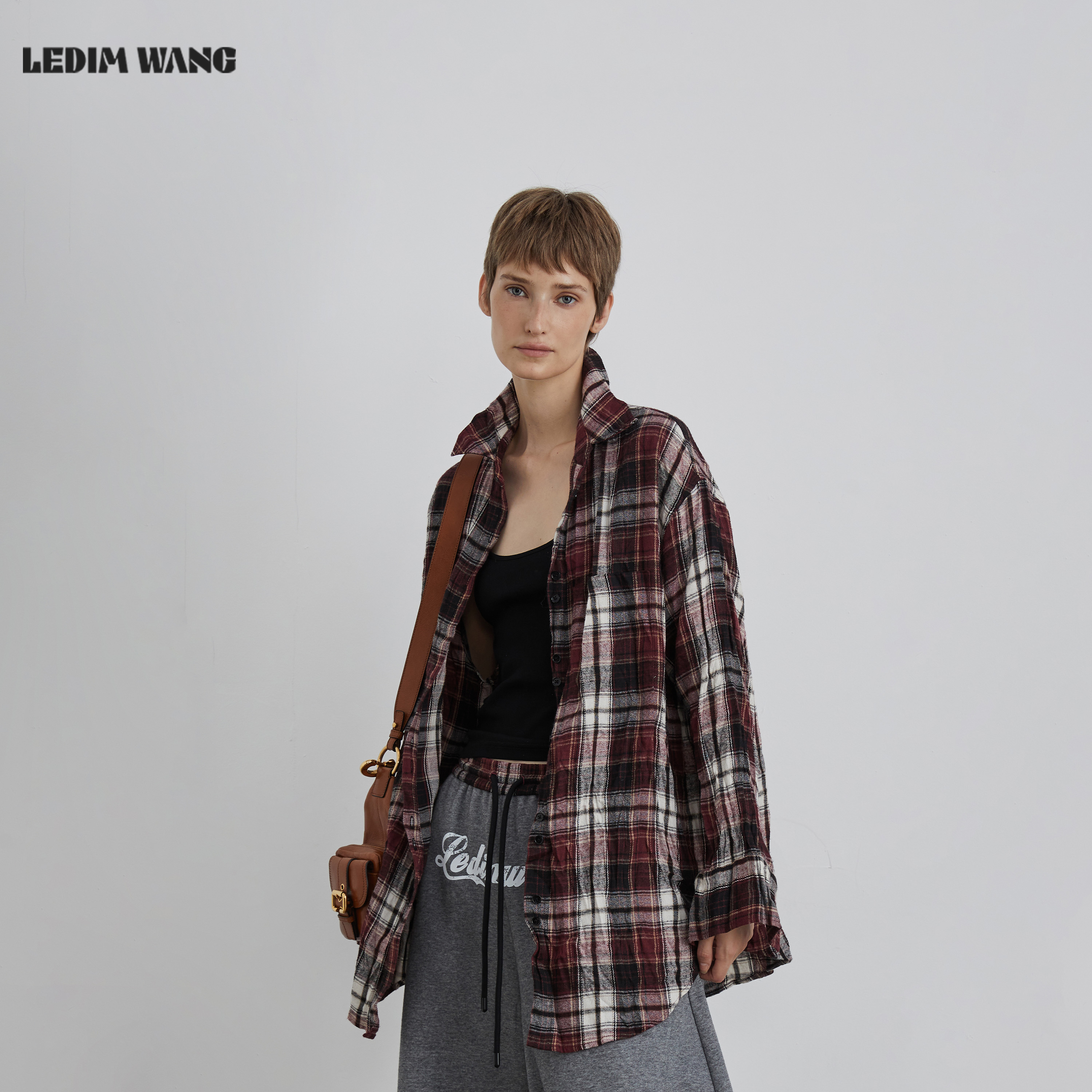 LEDIMWANG白标压褶格纹长袖衬衣