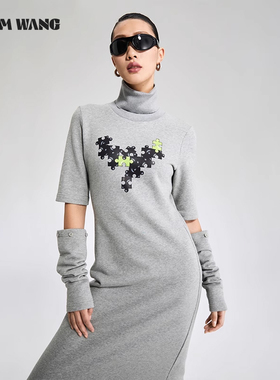 LEDIM WANG灰色套袖高领长裙2023秋冬新款纯棉针织印花连衣裙子