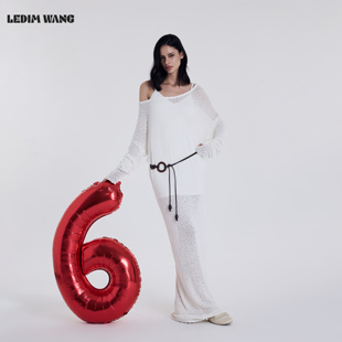 LEDIM WANG松弛感H型长袖连衣裙女2026春季新款白色透视宽松长裙