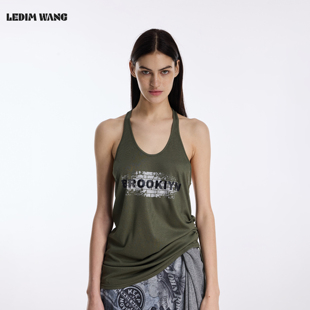LEDIM WANG美式印花工字背心吊带女2026春夏新款军绿色内搭上衣