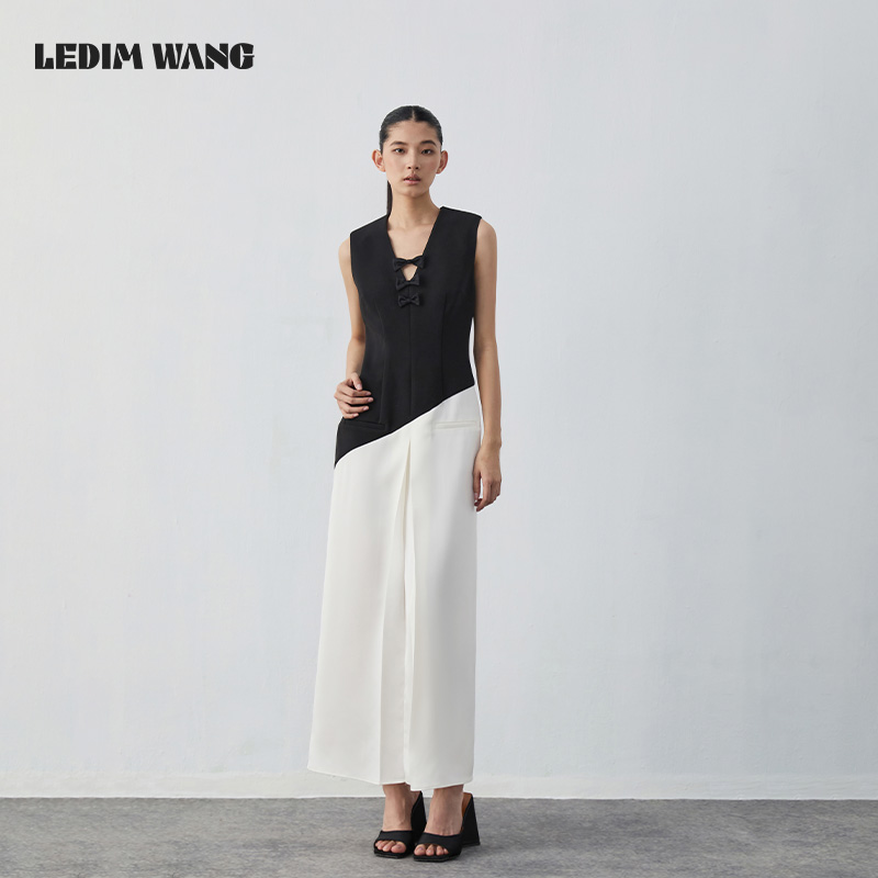 LEDIM WANG蝴蝶结撞色连衣裙女2024夏季新款设计师原创高级感长裙
