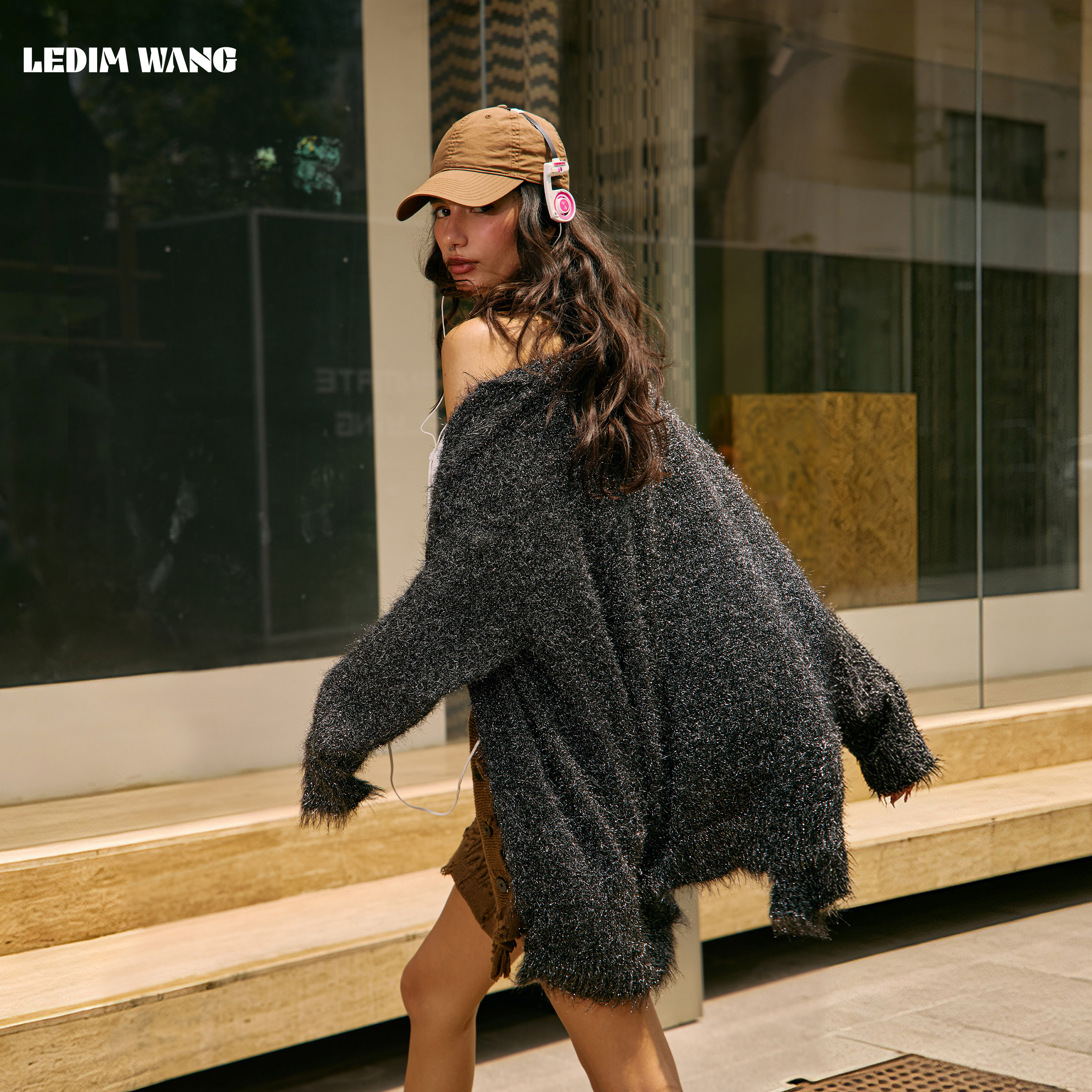 LEDIM WANG流苏毛边针织毛衣女中长款落肩宽松长袖上衣26秋冬新款