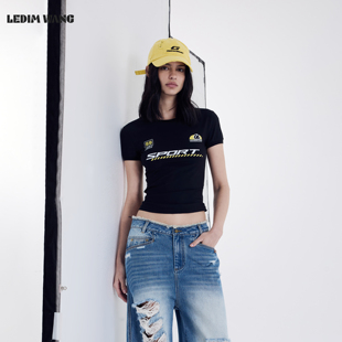 印花黑色短袖 显瘦T恤女26春夏新款 百搭上衣 WANG运动感修身 LEDIM