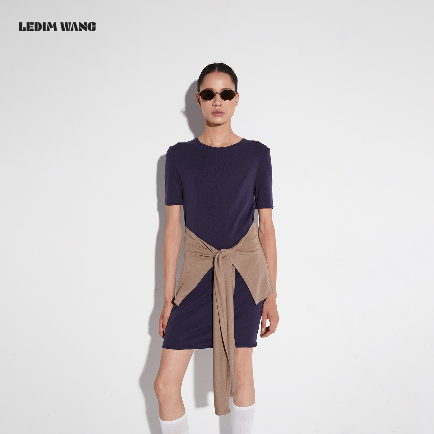 LEDIM WANG【白标系列】淡人撞色搭片针织连衣裙女2025秋新款长裙