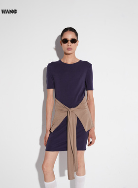 LEDIM WANG【白标系列】淡人撞色搭片针织连衣裙女2025秋新款长裙