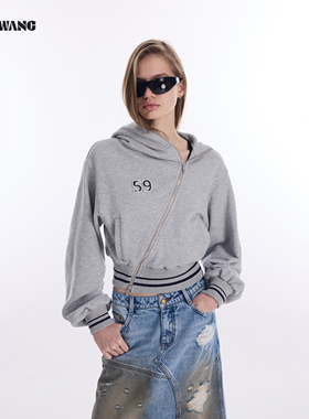 LEDIM WANG收腰连帽卫衣女灰色不对称拉链开衫修身2026春季新款