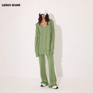 LEDIM WANG流苏毛边时尚套装女麻花编织毛衣长裤26秋冬新款两件套