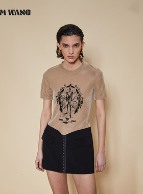 LEDIM WANG印花丝绒连衣裙女款卡其色T恤裙辣妹风低腰线拼接短裙